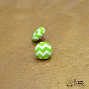 Green and White Chevron M Fabric Covered Button Earrings