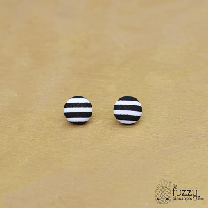 Black and White Stripes M Fabric Button Earrings