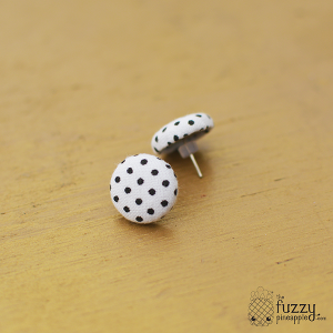Black Polka Dots on White S Fabric Button Earrings