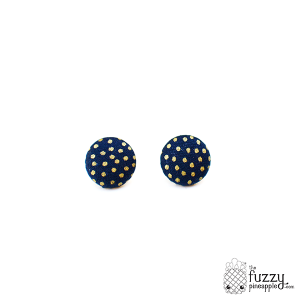 Gold and Navy Blue Polka Dot M Fabric Button Earrings