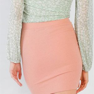 Pink Ribbed High Waist Pencil Skirt (S-L)