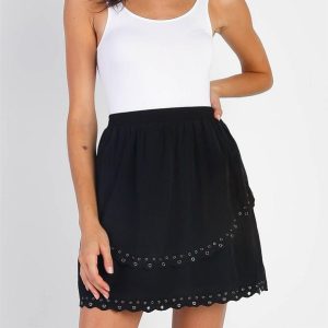 Black Smocked High Waist Keyhole Hem Mini Skirt (S-L)